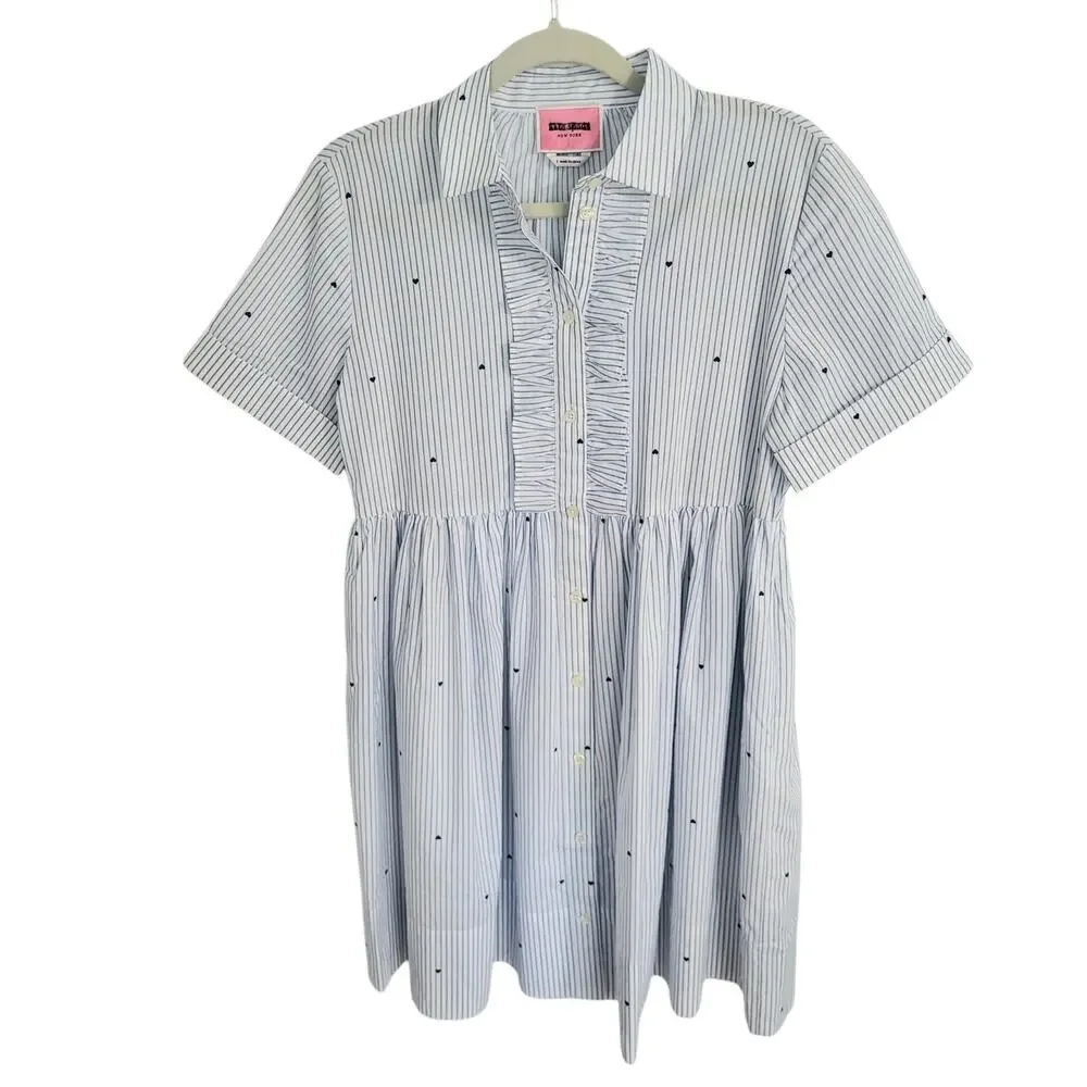Kate‎ Spade Striped Button Down Mini Shirt Dress Hearts Blue White Cotton Small